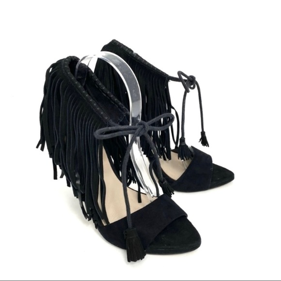 Zara Suede Ankle Fringe Lace tie High Heel Sandals in Black - Picture 3 of 9